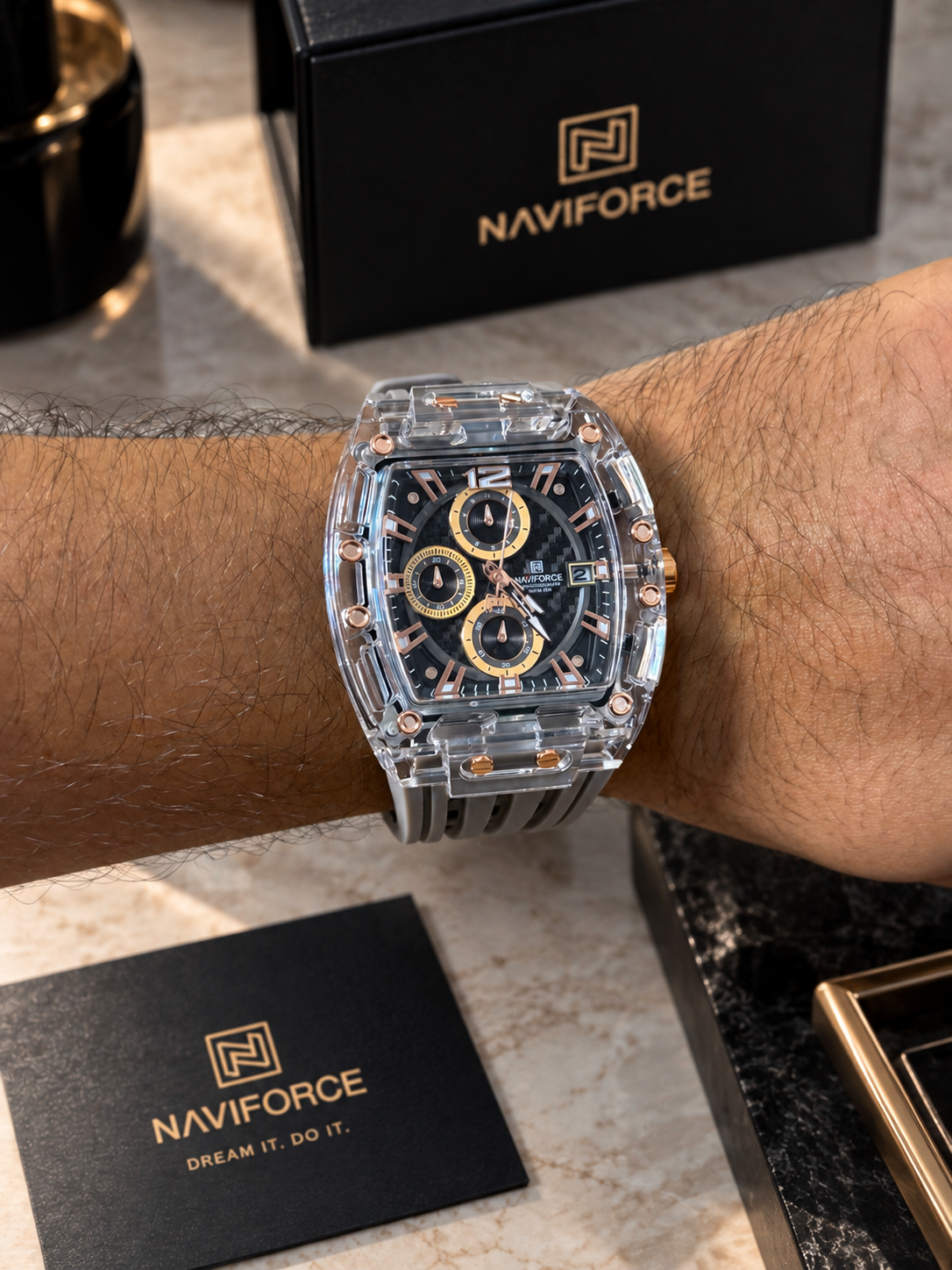 NaviForce Original Hombre Gris Dorado Funcional